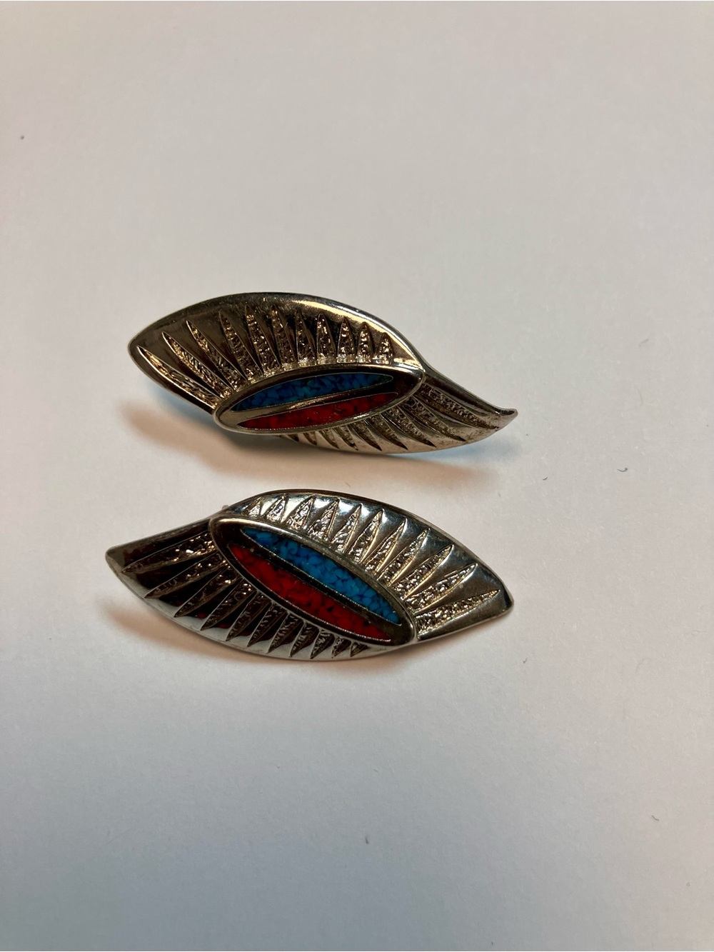 Silver Tone Leaf Earrings with Red and Blue Inlay